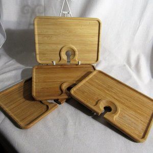 BAMBOO WOOD 4 LUNCHEON APPETIZER TRAYS + GLASS HOLDER "IN TUNE WITH THE EARTH"